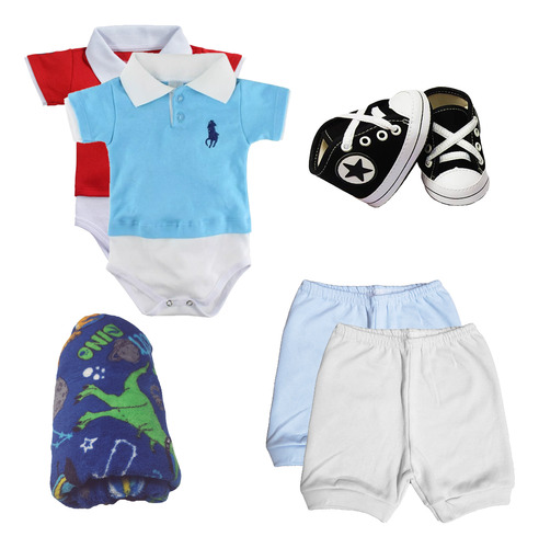 Kit 7 Peças Body Polo E Short Naninha Sapatinho Manta Menino