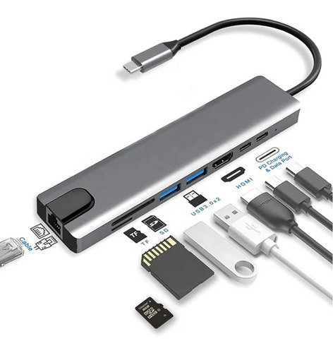 Adaptador Hub Usb 8 En 1 De Tipo C A Hdmi Rj45 Tarjetas