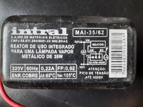 Reator 35w 62 P/ 1 Lâmpada Vapor Metálico 35w Intral 220v 