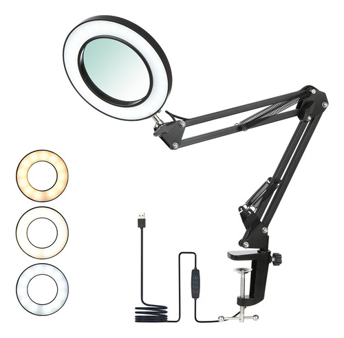 Lámpara De Mesa Flexible Con Pinza Tomshine Con Lupa 8x