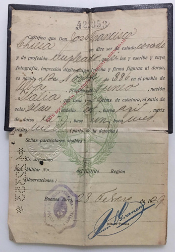 Antigua Cédula De Identidad Argentina 1929 (Usado)