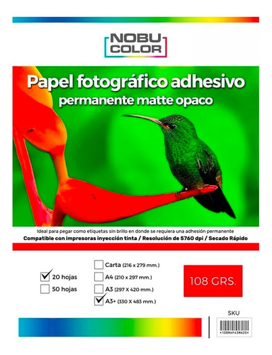 Papel Foto Matte Adhesivo Permanente Nobucolor A3+ 108 Gr.