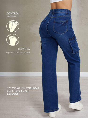 Jeans Cargo Mezclilla Azul Stretch Tiro Alto Pushup Ypd696