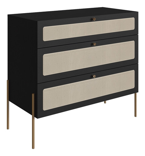 Cômoda Para Quarto 3 Gavetas Pé Metal Arlo A10 Nero/dourado