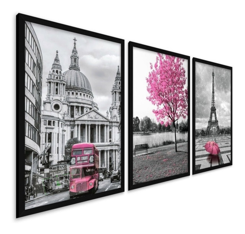 Quadro Decorativo Horizontal Paisagem Paris Torre Rosa 3mm
