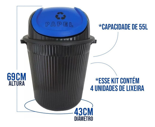 Conjunto Lixeira Para Reciclagem 56 Litros Plástico Colorida