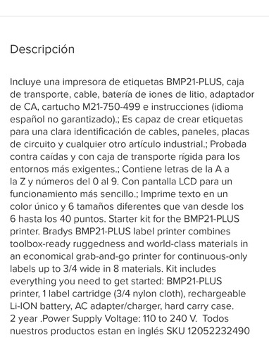 Kit De Impresión De Etiquetas Brady Bmp21-plus-kit1 (Usado)