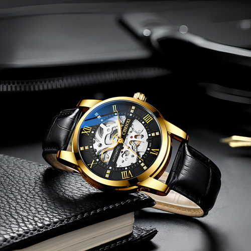 Reloj automático Chenxi Hollow Out Leather para hombre, color de fondo: negro dorado