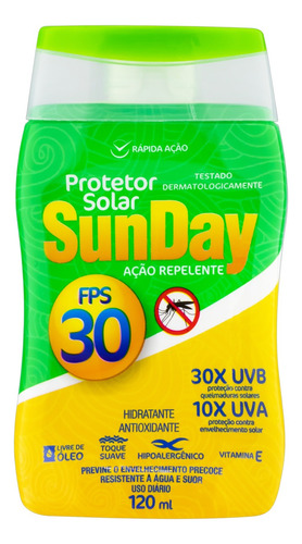 Protetor solar Sunday fator 30 fps ação repelente de 120 mL