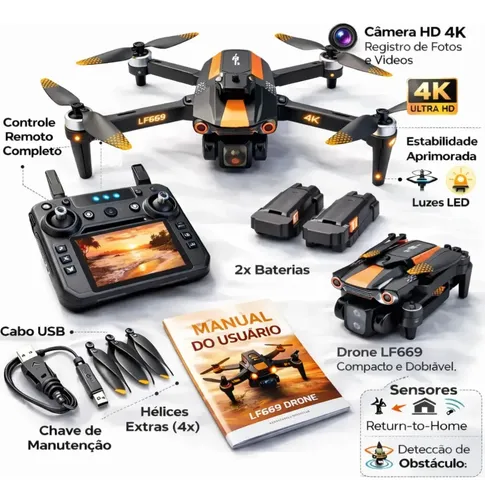 Drone Aéreo Popsy LF669 Max 4K Com GPS e Câmera Dupla FPV, 2 Bate...