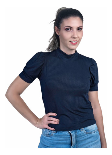 Camiseta Feminina Canelada Gola Alta Manga Curta Premium Top