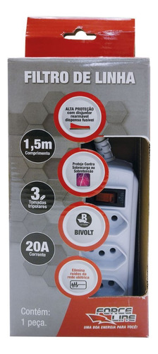 Filtro De Linha 20a Régua 3 Tomadas Proteção Contra Descarga