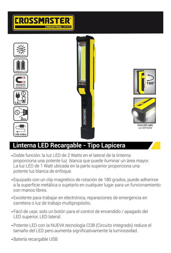 Linterna Led Recargable Lapicera 1,5 W Crossmaster 9932720 Color de la linterna Amarillo Color de la luz Blanco