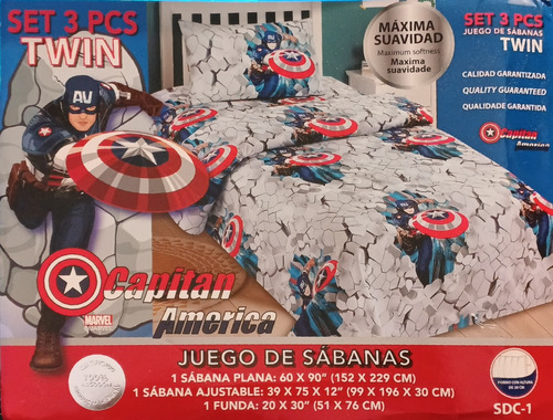 Sábanas Twin - Marvel Capitán América 100% Alg Azul Acero Geométrico