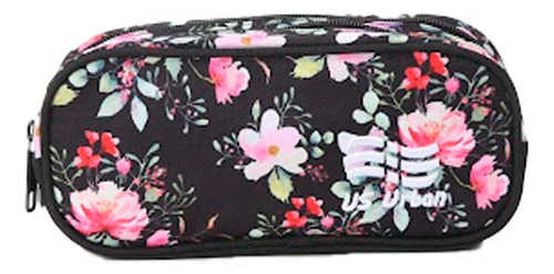 Set Mochila Escolar Carrito Con Lonchera Y Lapicera Flores Color Negro Diseño de la tela Estampado