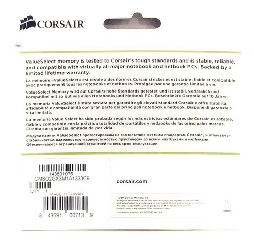 Imagen 2 de 5 de Memoria Ram Ddr3 De Laptop 2gb Corsair 1333mhz Pc3 10600