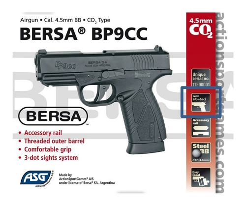 Imagen 3 de 8 de Pistola Asg Bersa Bp9cc Co2 4.5 Mm Sin Blowback