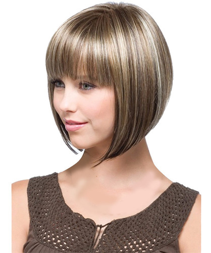 32 Cm Chica Oro Partido Peluca Corta Completa Pelo Recto Syn