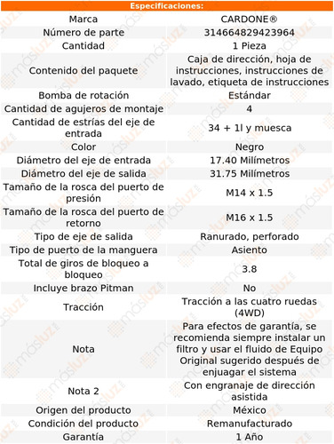 (1) Caja Dirección Hidráulica Frontier 2.4l 4 Cil 00 Reman (Reacondicionado)