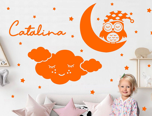 Vinilo Decorativo Infantiles Buho Nube Grande + Nombre Bebes