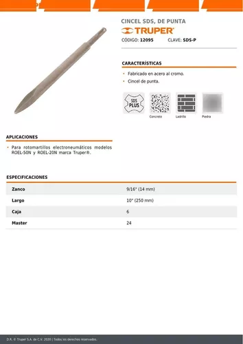 Cincel de punta SDS Plus de 10 , Truper, Accesorios SDS, 12095