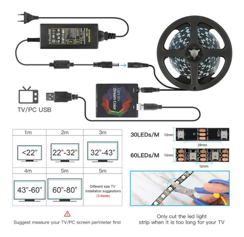 Imagen 4 de 5 de Luces Led Para Tv Rgb Multicolor 5m Pc