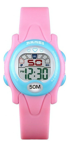 Skmei 1478 Reloj Para Niñas Sumergible Cronometro Luz Alarma Celeste Y Rosa Rosa