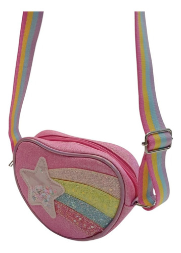 Cartera Bandolera De Niña Nena De Cuero Ecologico Estrella Fucsia Gliter Níquel Multicolor
