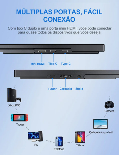 Monitor Portátil Eviciv 18.5 Polegadas Pc Gamer Tela ,fhd 120hz Lcd Ultrafino Monitor,100%srgb Hdr10,alto-falantes Embutidos,com Suporte E Vesa,para Laptop Win11 Mac Phone Ps Xbox Switch Hdmi Usb-c