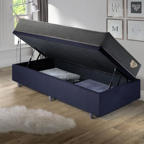 Base Box Baú 96x203 Suede Preto Com Colchão Adapto Ecoflex