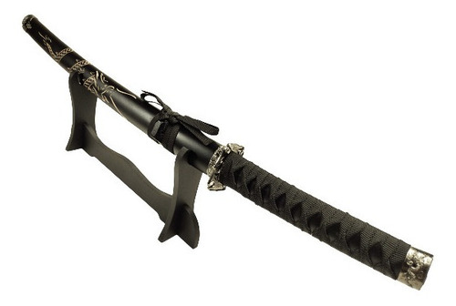 Espada Katana Wakisashi Dragão Esculpido Aço Suporte Mesa