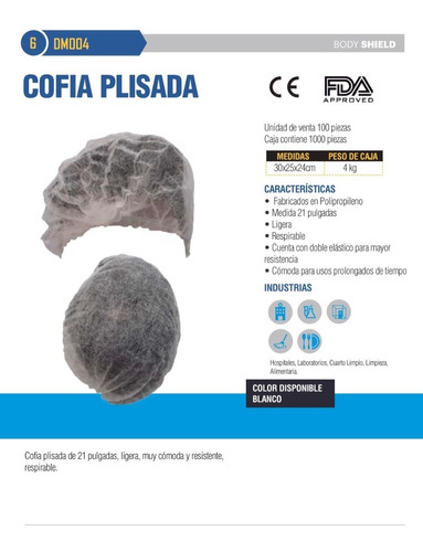 10 Pza Cofia Plisada Blanca 21 Bolsa 100 Pzas