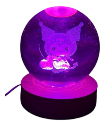Luz De Noche Esfera De Cristal 3d Led Usb Escritorio 6cm Madera Kuromi 1 Luz Violeta