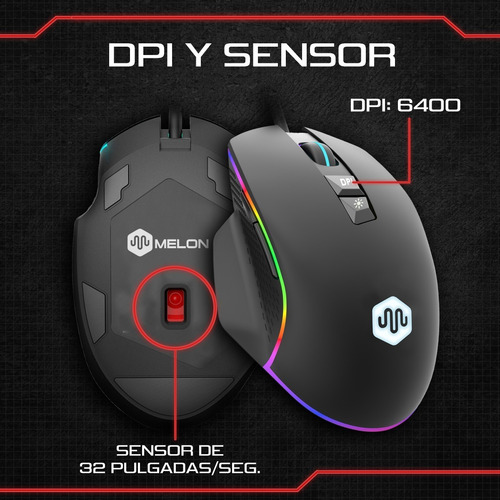 Imagen 3 de 8 de Mouse De Juego Gamer Melon Tifon M100 6400 Dpi Rgb