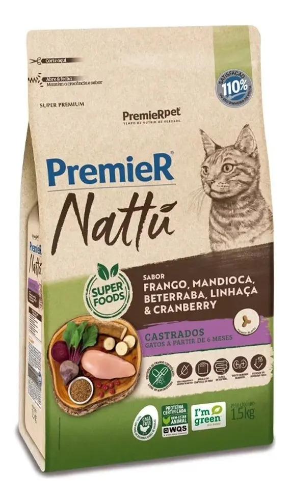 Premier Nattu Gatos Castrados Frango Mandioca 1,5kg