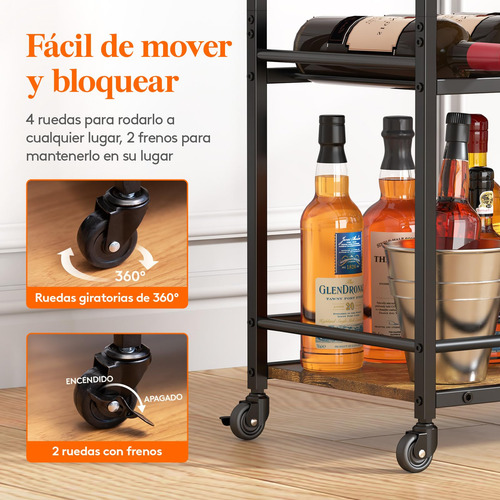 Carrito Auxiliar 3 Niveles Con Ruedas Y Soporte Para Botella
