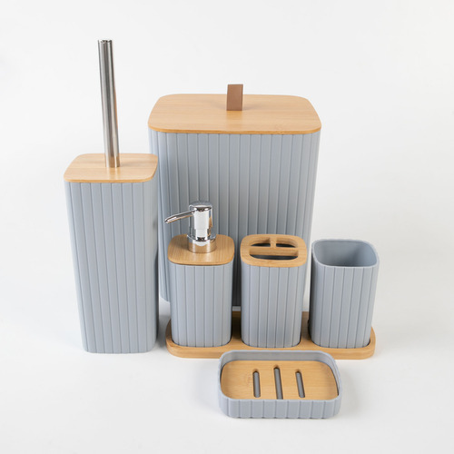 Juego Baño Bambu Plastico X6 Cesto Dispenser Escobilla Jabon Gris Oscuro