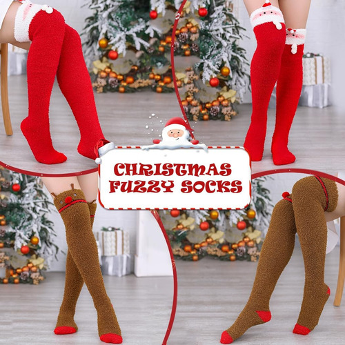 Campsis Christmas Fuzzy Sock Fluffy Over The Knee Socks X...
