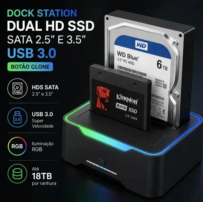 Dock Station USB 3.0 Ultra Veloz HD SSD SATA 2.5 3.5 18TB Clonador Offline Duplo HD Externo Leitor SATA Backup Dados Compatível com Windows Mac Computador Notebook RGB Transferênci