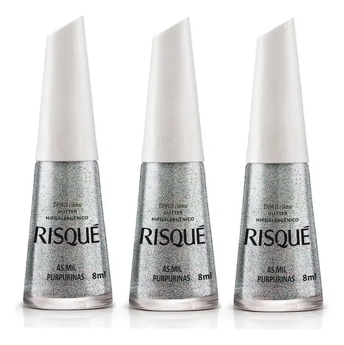 Risque Glitter Esmalte As Mil Purpurinas 8ml Kit 3un Prateado