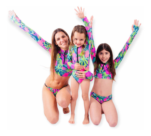 Remera Top Surf Uv Upf50+ C/pasante Dedo Tropical Mujer Mama