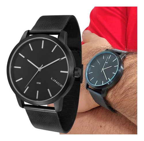 Relógio Masculino Todo Preto Lince Mrn4688 Pulseira Mesh Fundo Marcadores Prata