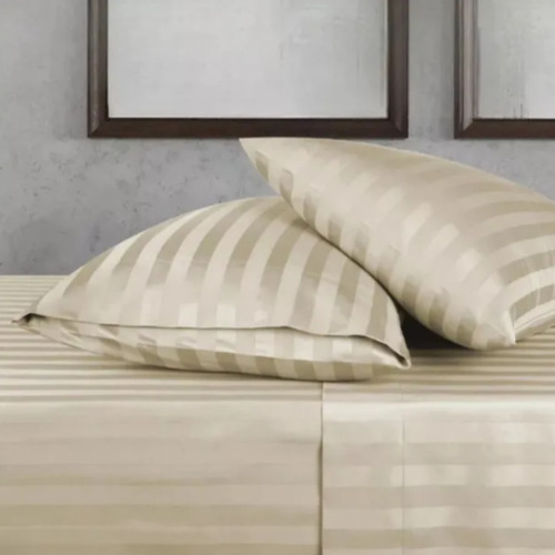 Sabanas Premium Dobby Cama 1 1/2 Plaza Extra Suave Beige Liso Dobby Rayas