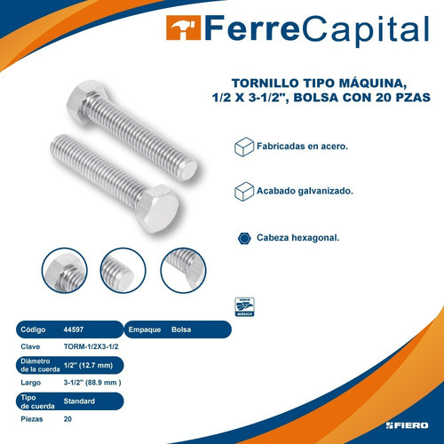 Tornillo Tipo Maquina 1/2' X 3-1/2' Fiero 44597