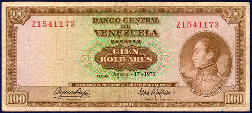 Billete De 100 Bolívares Z7 Agosto 17 De 1971 Simón Bolívar