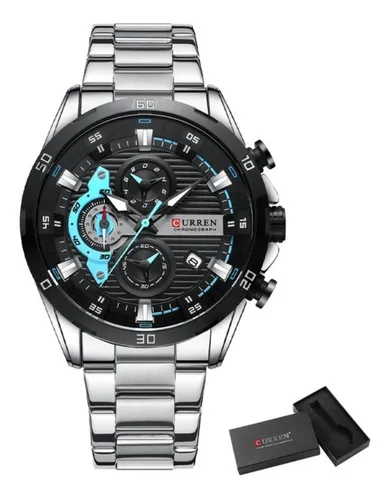 Curren 8402 pulsera de cuarzo azul de acero inoxidable para hombre, correa de reloj color plata