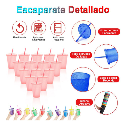 15vasos Mágicos Reutilizables Plástico 16oz C/tapa Y Popote Multicolor