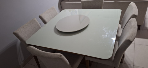 Mesa 6 Cadeiras C/ Tampo De Vidro E Aparador Central De Mesa Branco Marrom (Usado)
