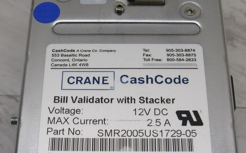 Cashcode Smr2005us1729-05 Us Bill Acceptor With Stacker Jjk (Usado)