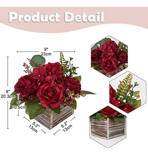 Arreglo Floral Con Jarrón De Madera, 8 Flores Artificiales E